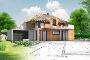 image d'un plan d'architecture au sol se transformant en une maison en construction avec des arbre et un jardin autour en arrière plan